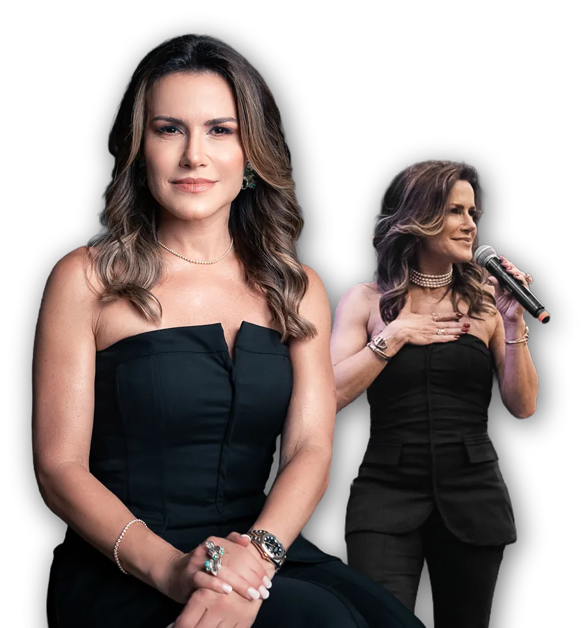 Camila Vieira de vestido preto, e ao lado a mesma figura no palco, com microfone na mão